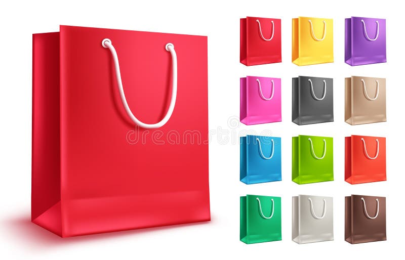 Bunter Einkaufstaschevektorsatz Leere Papiertüten für das Einkaufen und Mode stock abbildung