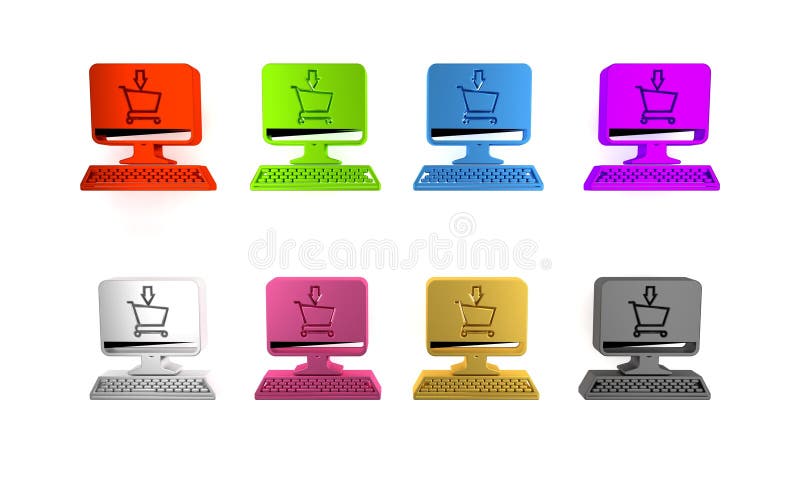 Bunter Einkaufswagen auf dem Bildschirm Computersymbol isoliert auf weißem Hintergrund. Concept eCommerce Online lizenzfreie abbildung