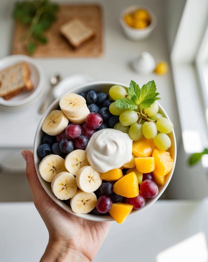 Bunter Fruchtsalat mit Bananen und Jogurt Heimküche Zubereitung gemütliche Einstellung Gemeinplatz Aussicht gesund essen stockbild