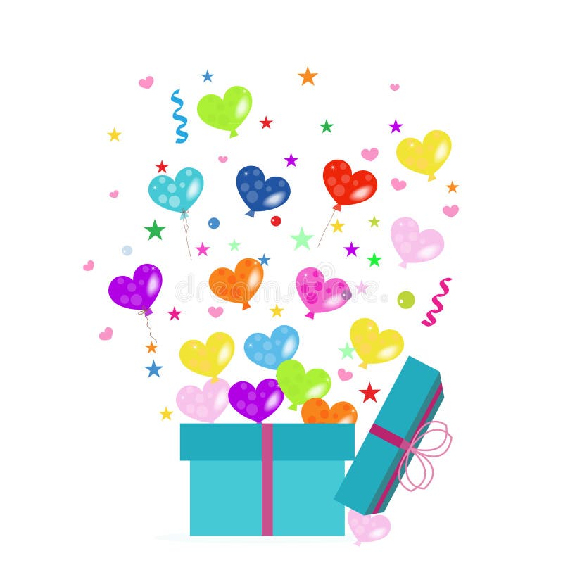 Bunter Geschenkbox- und Herzballonvektorgruß lizenzfreie abbildung