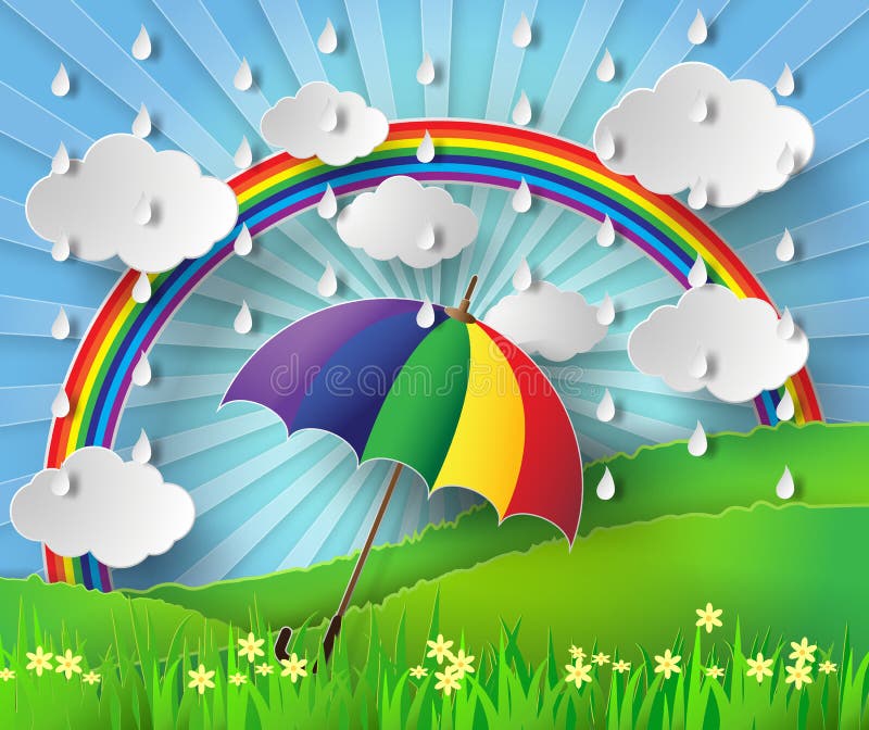 Bunter Regenschirm im Regen mit Regenbogen