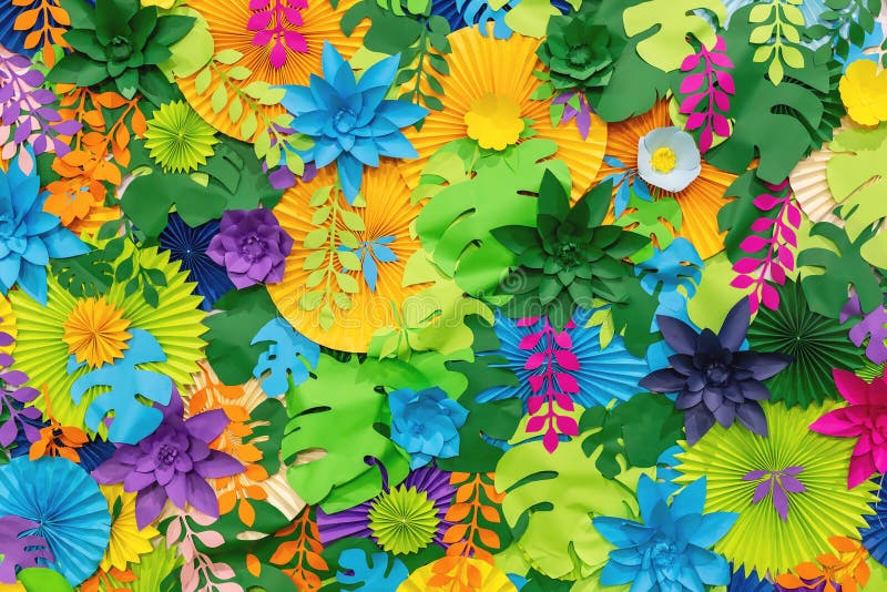Colorful tropical paper flower background. multicolored Flowers and leaves made of paper. Colorful tropical paper flower background. multicolored Flowers and leaves made of paper