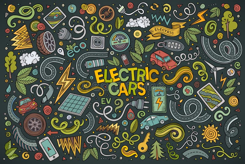 Bunter Vektorgekritzel-Karikatursatz Elektroautos wendet ein stock abbildung Bunter Vektorgekritzel-Karikatursatz Elektroautos wendet ein stock abbildung