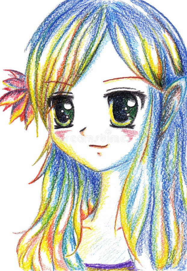 Buntes Anime manga kawaii Karikaturmädchen mit Blume im Haar lizenzfreie abbildung Buntes Anime manga kawaii Karikaturmädchen mit Blume im Haar lizenzfreie abbildung