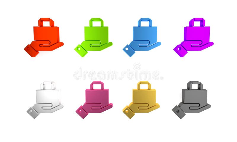 Buntes Hand- und Papiereinkaufsbeutel-Symbol isoliert auf weißem Hintergrund. Paketzeichen. Minimalismus Konzept 3D-Darstellung stock abbildung