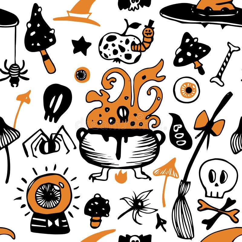 Buntes nahtloses Vektor Halloween-Muster mit mit Besen, Apfel, Sculls, Pilze lizenzfreie abbildung Buntes nahtloses Vektor Halloween-Muster mit mit Besen, Apfel, Sculls, Pilze lizenzfreie abbildung