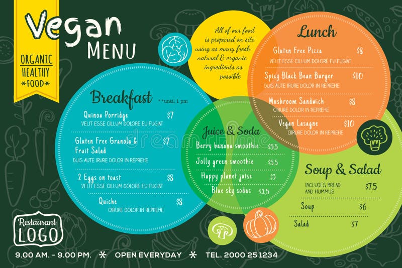 Colorful organic food vegan restaurant menu board or place mat vector template. Colorful organic food vegan restaurant menu board or place mat vector template