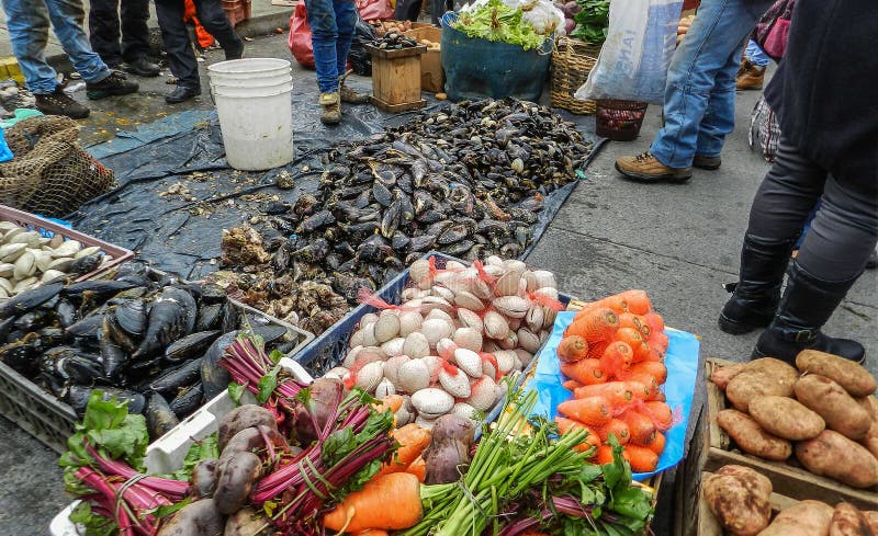 Buntes Straßenmarkt in Calbuco, Chile, mit frischen Produkten vom Meer und vom Land lizenzfreie stockbilder Buntes Straßenmarkt in Calbuco, Chile, mit frischen Produkten vom Meer und vom Land lizenzfreie stockbilder
