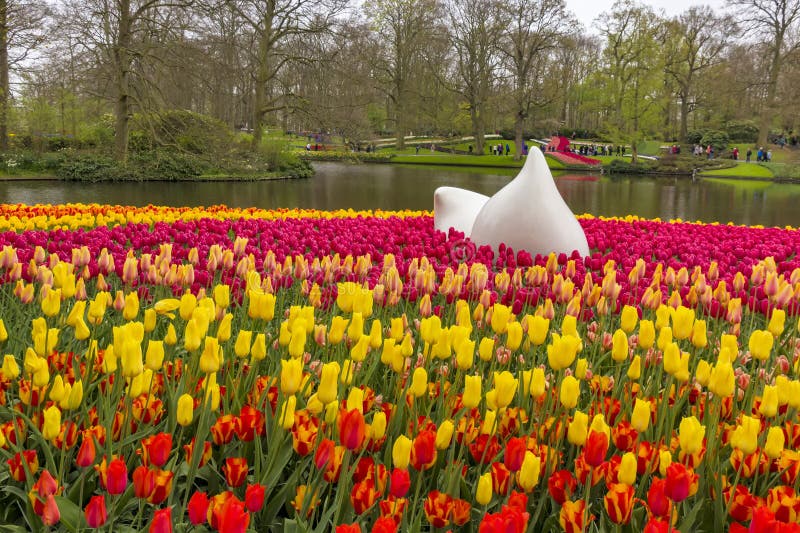 Buntes Tulpenbeet in Patchwork-Optik stockfoto
