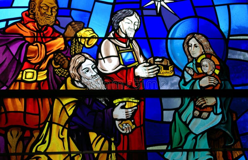 Stained Glass Window of the Three Wise Men Giving Gifts. Stained Glass Window of the Three Wise Men Giving Gifts