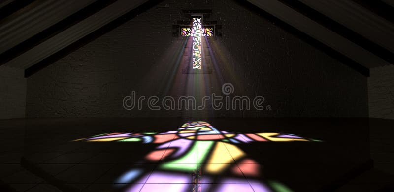 An old church interior with a stained glass window with a spotlight rays penetrating through it reflecting the image on the floor. An old church interior with a stained glass window with a spotlight rays penetrating through it reflecting the image on the floor