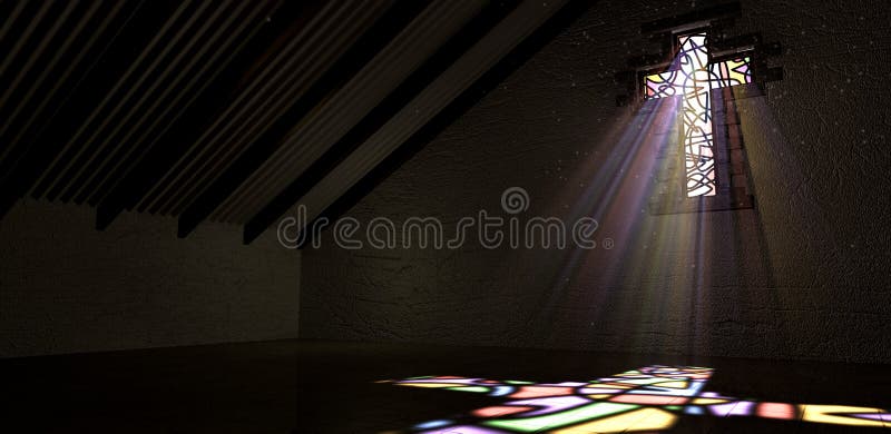 An old church interior with a stained glass window with a spotlight rays penetrating through it reflecting the image on the floor. An old church interior with a stained glass window with a spotlight rays penetrating through it reflecting the image on the floor