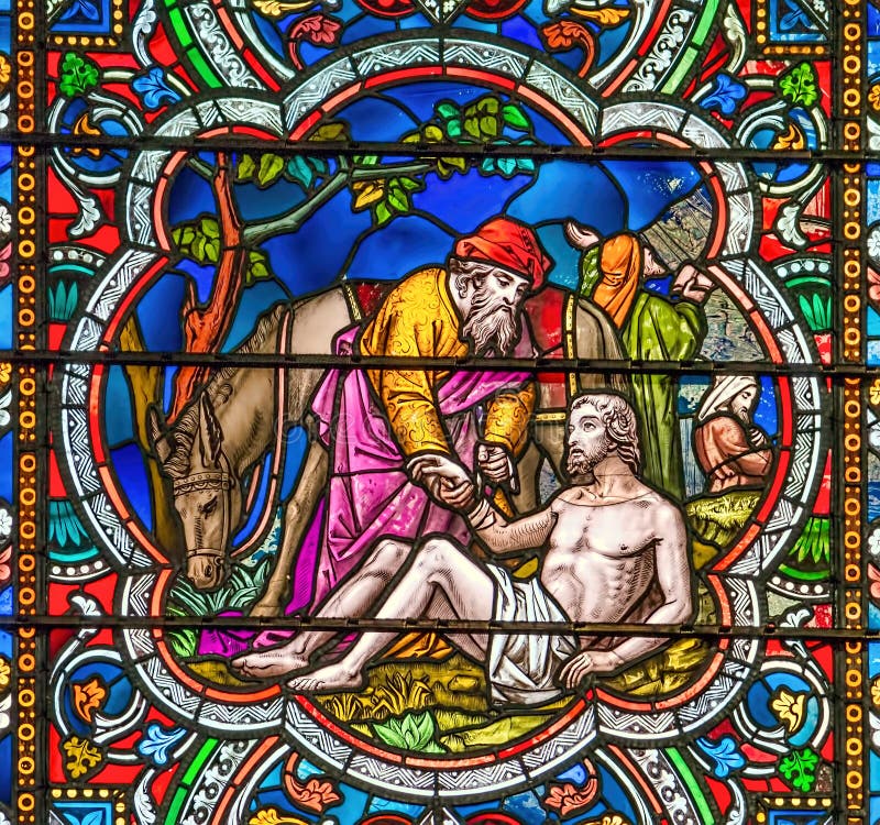 Buntglasfenster des barmherzigen Samariters lizenzfreie stockbilder Buntglasfenster des barmherzigen Samariters lizenzfreie stockbilder