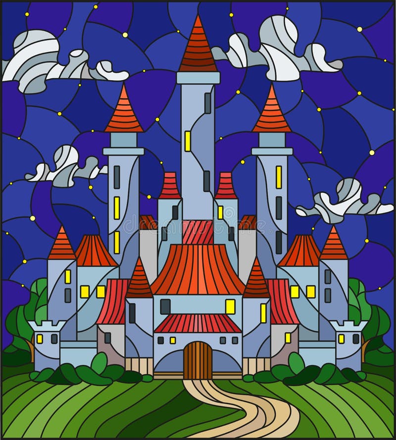 Buntglasillustration mit dem alten Schloss auf dem Hintergrund des bewölkten nächtlichen Himmels stock abbildung Buntglasillustration mit dem alten Schloss auf dem Hintergrund des bewölkten nächtlichen Himmels stock abbildung