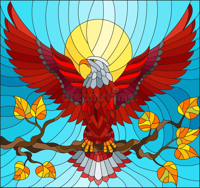 Buntglasillustration mit dem fabelhaften roten Adler, der auf einem Baumast gegen den Himmel sitzt lizenzfreie abbildung Buntglasillustration mit dem fabelhaften roten Adler, der auf einem Baumast gegen den Himmel sitzt lizenzfreie abbildung