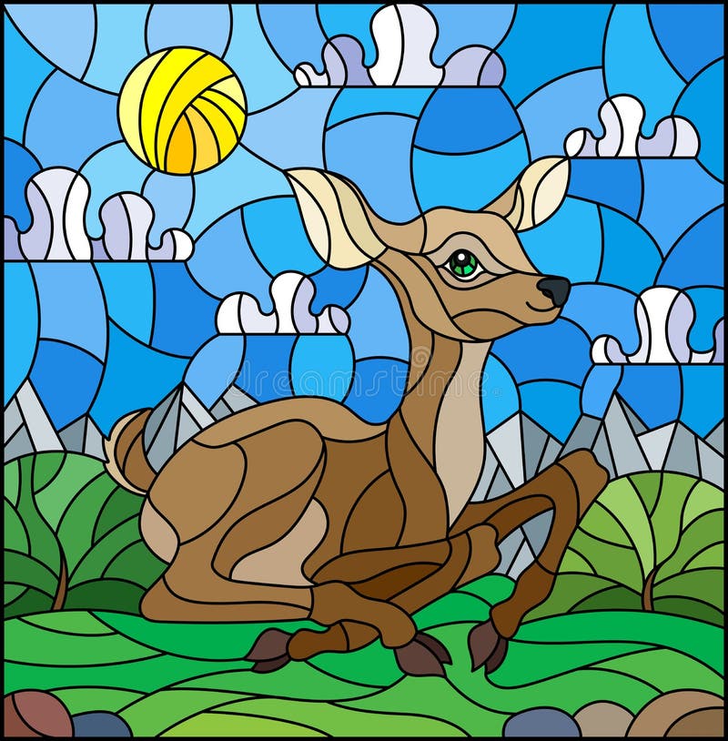 Buntglasillustration mit einem Kitz auf dem Hintergrund von grünen Wiesen, von Bergen und von bewölktem Himmel lizenzfreie abbildung Buntglasillustration mit einem Kitz auf dem Hintergrund von grünen Wiesen, von Bergen und von bewölktem Himmel lizenzfreie abbildung