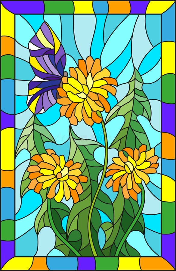 Buntglasillustrationsblume von Taraxacum und von Schmetterling auf einem blauen Hintergrund in einem hellen Rahmen stock abbildung Buntglasillustrationsblume von Taraxacum und von Schmetterling auf einem blauen Hintergrund in einem hellen Rahmen stock abbildung