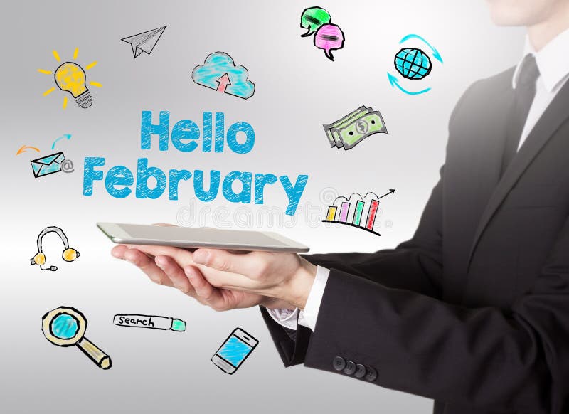 Bună ziua, tinere din februarie, care ține un calculator pentru tablete royalty free stock photo