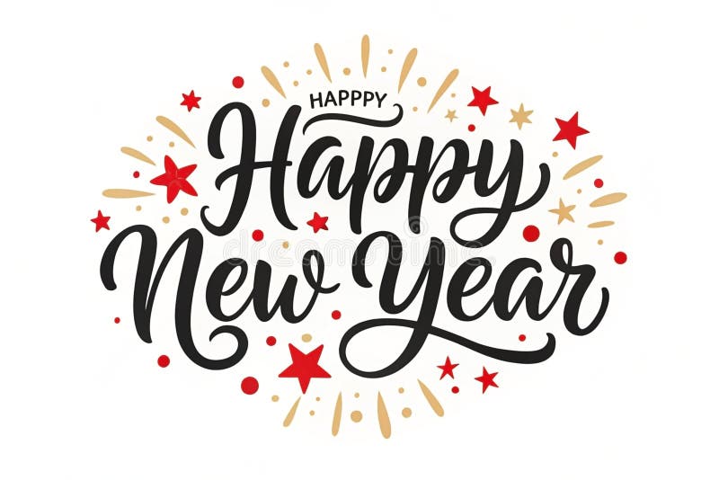 Buon anno di calligrafia con stelle e fuochi d'artificio.