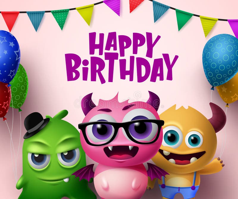 Buon compleanno, concetto vettoriale Cari piccoli mostri personaggi delle creature e testo di buon compleanno royalty illustrazione gratis