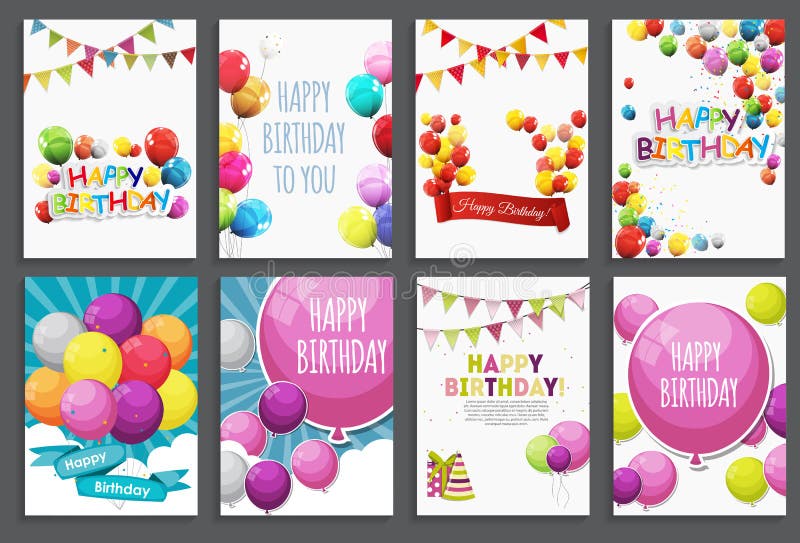 Buon compleanno, saluto di festa e modello della carta dell'invito messi con i palloni e le bandiere Illustrazione di vettore illustrazione vettoriale