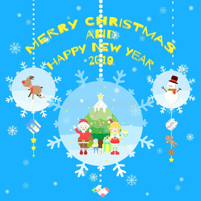 Buon Natale, buon anno con il Babbo Natale, Santa femminile, renna, albero di Natale, fiocco di neve, fondo blu di stagione inver illustrazione vettoriale Buon Natale, buon anno con il Babbo Natale, Santa femminile, renna, albero di Natale, fiocco di neve, fondo blu di stagione inver illustrazione vettoriale