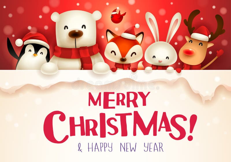 Buon Natale! Carattere sveglio degli animali di Natale con grande signb illustrazione vettoriale Buon Natale! Carattere sveglio degli animali di Natale con grande signb illustrazione vettoriale