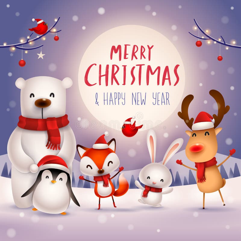 Buon Natale e buon anno! Carattere sveglio degli animali di Natale Compagni di Natale felice illustrazione di stock Buon Natale e buon anno! Carattere sveglio degli animali di Natale Compagni di Natale felice illustrazione di stock