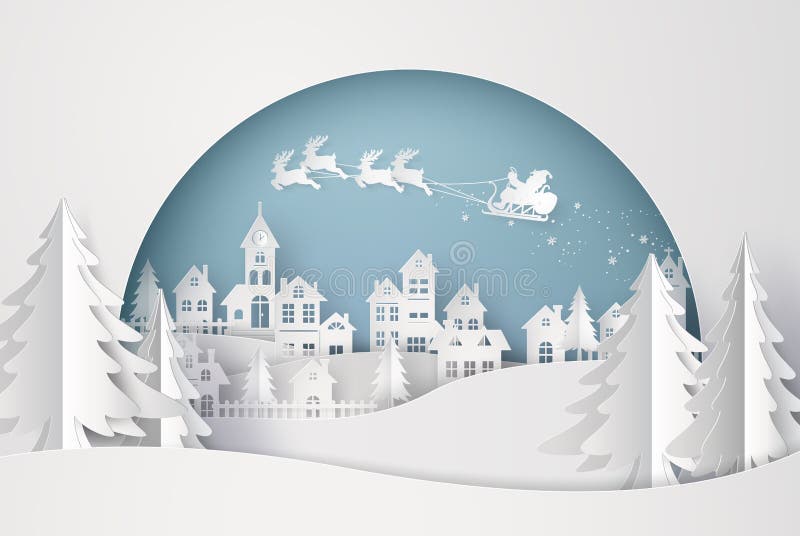 Buon Natale e buon anno Illustrazione di Santa Claus sul cielo che viene alla città royalty illustrazione gratis Buon Natale e buon anno Illustrazione di Santa Claus sul cielo che viene alla città royalty illustrazione gratis