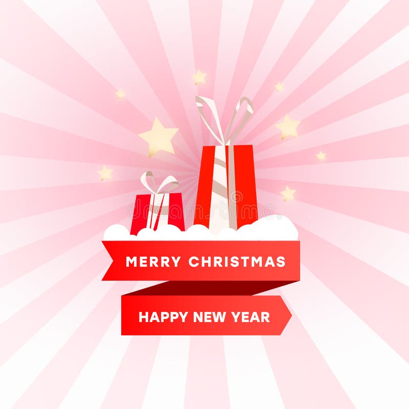 Buon Natale e Buon Anno Nuovo Biglietto di auguri o sfondo con omaggi di carta rossa, nastri e neve per banner, poster online illustrazione di stock Buon Natale e Buon Anno Nuovo Biglietto di auguri o sfondo con omaggi di carta rossa, nastri e neve per banner, poster online illustrazione di stock