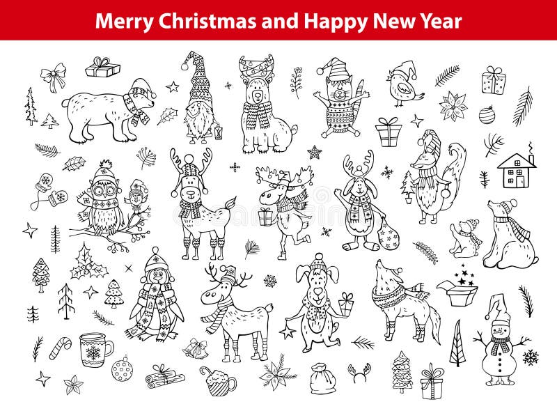 Buon Natale ed animali descritti disegnati a mano divertenti svegli di scarabocchi del buon anno illustrazione di stock Buon Natale ed animali descritti disegnati a mano divertenti svegli di scarabocchi del buon anno illustrazione di stock