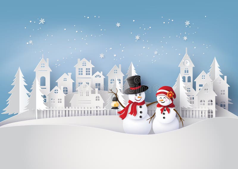 Buon Natale ed uomo della neve nel villaggio