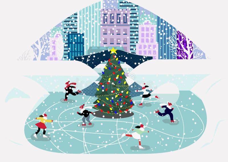 Buon Natale La gente del fumetto delle età differenti su icerink Spettacoli di Natale in città decorata nell'inverno royalty illustrazione gratis