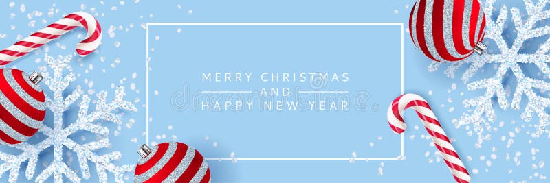 Buon Natale, manifesto del buon anno, fondo dell'insegna Illustrazione realistica di vettore 3d dei fiocchi di neve, palle, candi illustrazione vettoriale Buon Natale, manifesto del buon anno, fondo dell'insegna Illustrazione realistica di vettore 3d dei fiocchi di neve, palle, candi illustrazione vettoriale