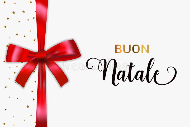 Buon Natale Merry Christmas italian typography. Christmas vector card with blue realistic bow and golden stars