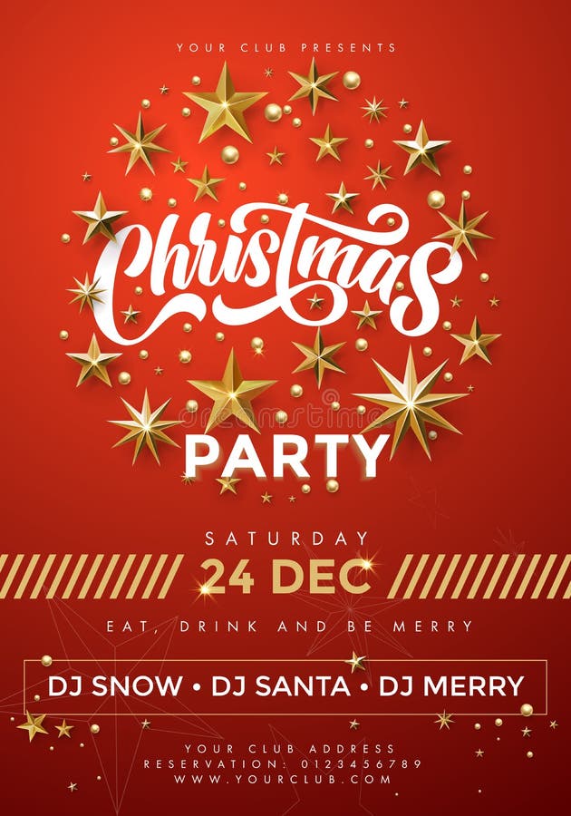 Buon Natale, poster rosso vettoriale 24 dicembre, banner per festeggiare il club musicale con il testo dell'invito modello dorato