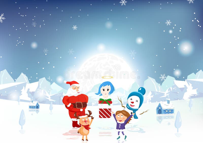 Buon Natale, Santa Claus, bambino, renna, pupazzo di neve ed angelo w illustrazione vettoriale Buon Natale, Santa Claus, bambino, renna, pupazzo di neve ed angelo w illustrazione vettoriale