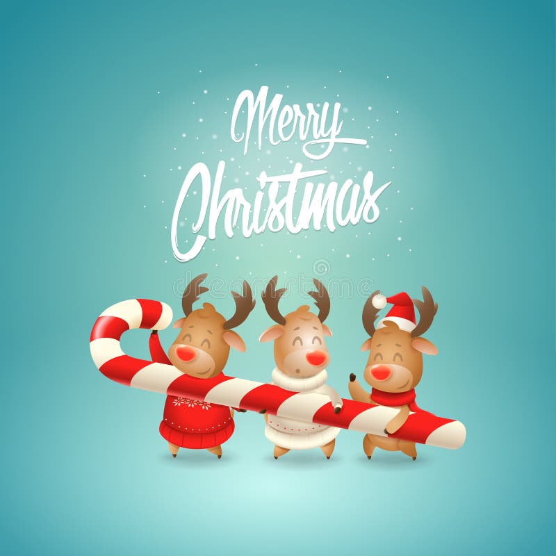 Buon Natale - Tre amici delle renne tengono in mano un grosso bastoncino di caramella - Carina cartolina di auguri per le vacanze royalty illustrazione gratis Buon Natale - Tre amici delle renne tengono in mano un grosso bastoncino di caramella - Carina cartolina di auguri per le vacanze royalty illustrazione gratis