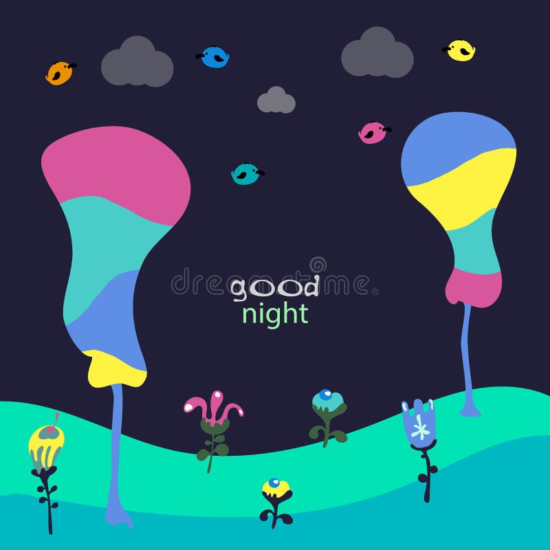 Buona notte Carta impressionante con gli uccelli ed i fiori adorabili Fondo puerile fantastico illustrazione di stock Buona notte Carta impressionante con gli uccelli ed i fiori adorabili Fondo puerile fantastico illustrazione di stock