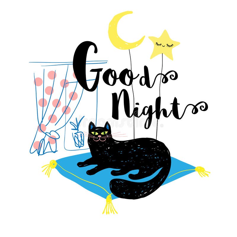 Buonanotte Bel Sorriso Gatto Nero Con Luna E Stella Carina Sketch Di Uno Stile Divertente Per Carta Copertina Striscione Mag Illustrazione Vettoriale Illustrazione Di Arte Luna