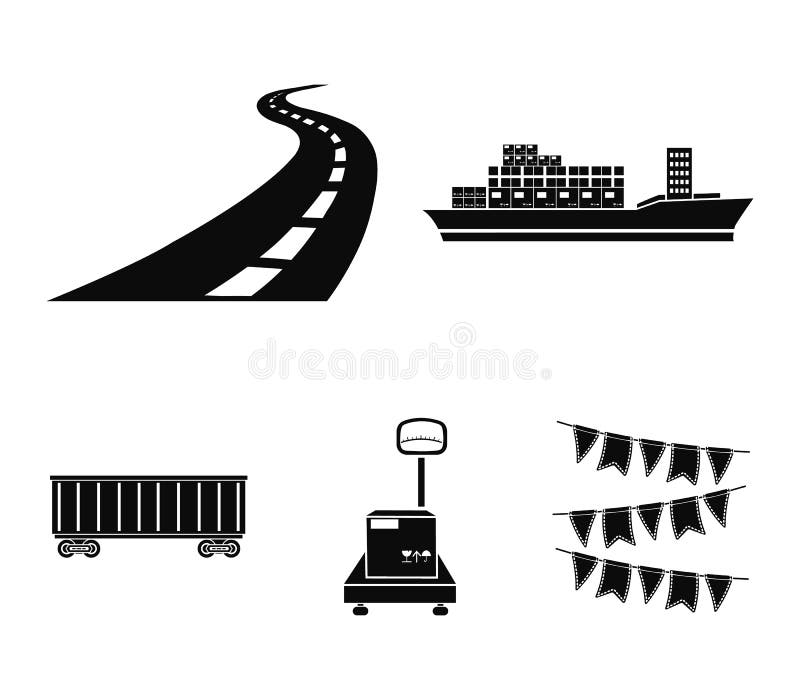 Buque de carga, coche ferroviario, escalas con la caja, camino Logístico, fije los iconos de la colección en la acción negra del stock de ilustración Buque de carga, coche ferroviario, escalas con la caja, camino Logístico, fije los iconos de la colección en la acción negra del stock de ilustración