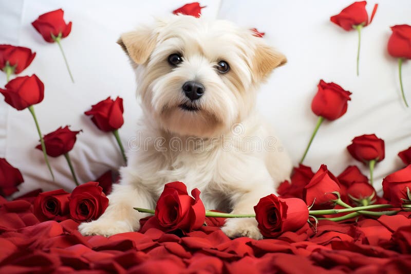 Generative AI : Bouquet of delicate roses and dog on a table in a bright room business concept. Generative AI : Bouquet of delicate roses and dog on a table in a bright room business concept.