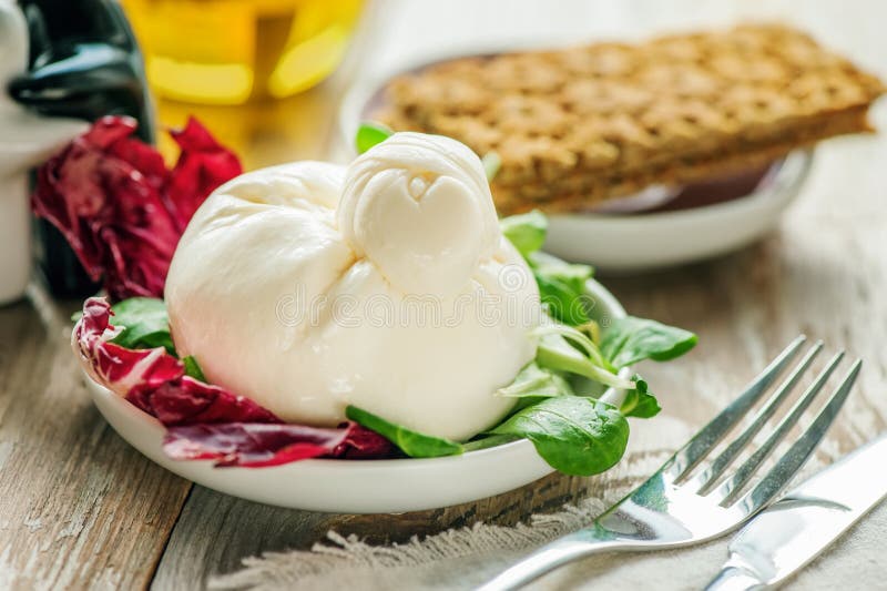 Buratokaas en salade op een witte schotel Lollo Rosso-sla, tuinkerssalade en andere groene kruiden Het concept een gezonde voedin royalty-vrije stock fotografie Buratokaas en salade op een witte schotel Lollo Rosso-sla, tuinkerssalade en andere groene kruiden Het concept een gezonde voedin royalty-vrije stock fotografie
