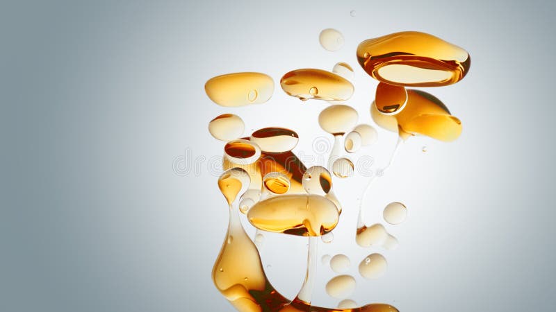 Burbujas de aceite dorado de naranja estético transparente y formas sobre fondo blanco