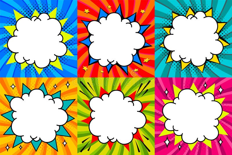 Burbujas del discurso fijadas El arte pop diseñó la plantilla en blanco de las burbujas del discurso para su diseño Burbujas cómi stock de ilustración Burbujas del discurso fijadas El arte pop diseñó la plantilla en blanco de las burbujas del discurso para su diseño Burbujas cómi stock de ilustración