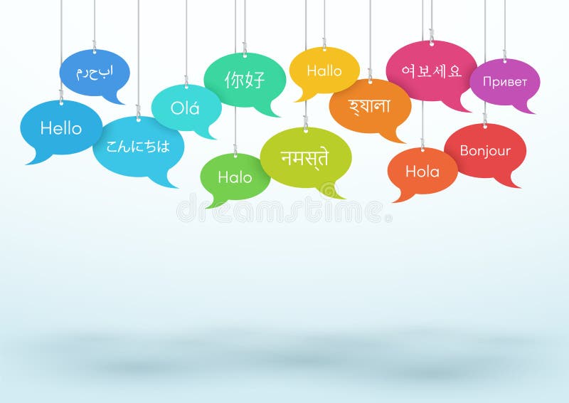 Burbujas del discurso que cuelgan hola en diversas idiomas de mundo A