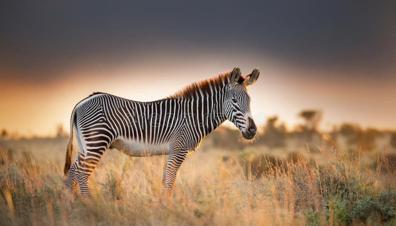Burchells zebra slående mot afrikansk savannsolnedgång, fångar grace och vild skönhet i ett episkt ögonblick av stillhet vektor illustrationer