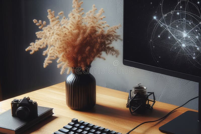 computer desk with a black vase of flowers on it. The desk also has a keyboard and a mouse AI generated. computer desk with a black vase of flowers on it. The desk also has a keyboard and a mouse AI generated