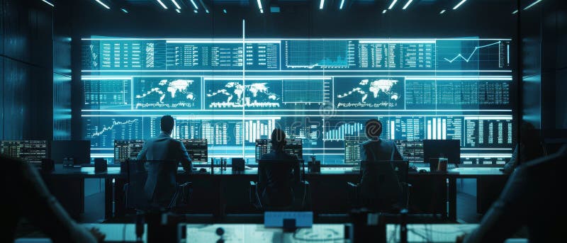 Bureau de surveillance moderne avec live analytics se nourrit sur un grand écran numérique. des experts financiers sont assis deva photographie stock libre de droits