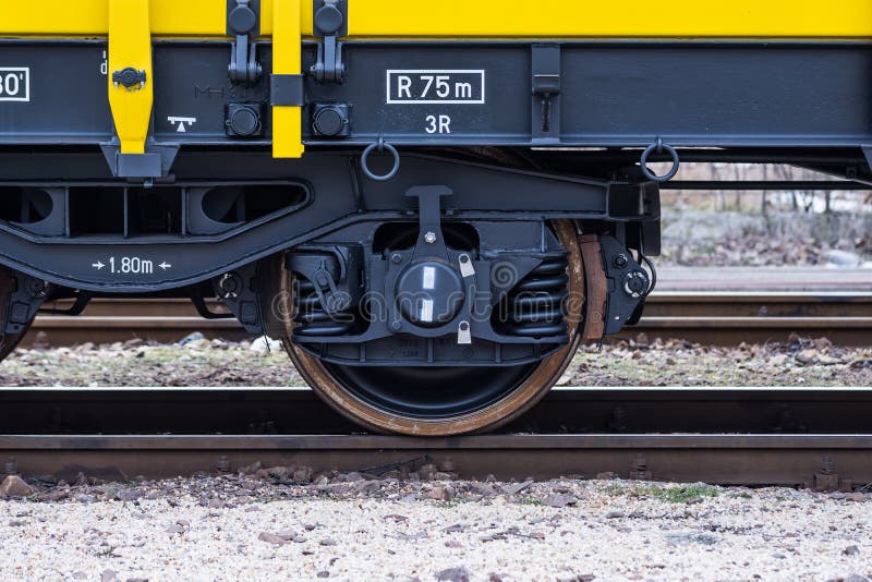 Burgas, Bulgaria - January 27, 2017 -Wheel - yellow black New 4-axled flat cars wagons Type:Res Model:072-2- Transvagon AD